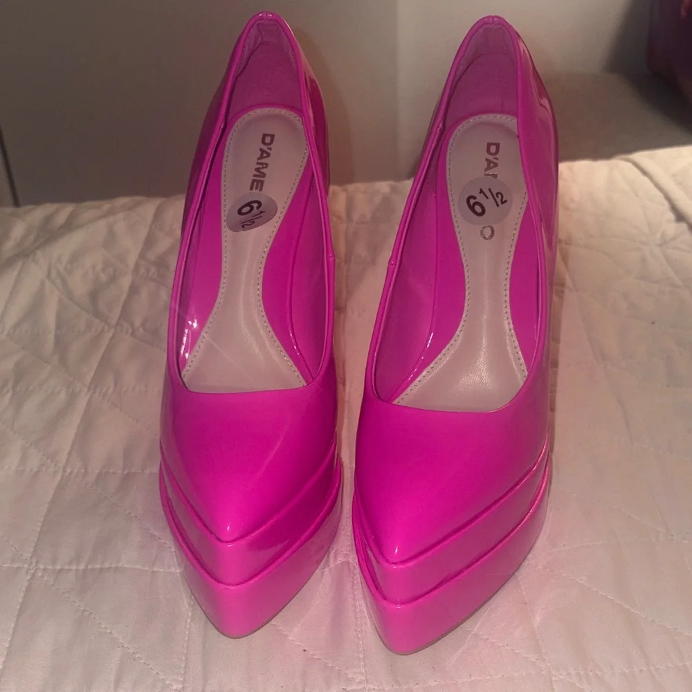 Women’s Patent Hot Pink Platform Pumps - Sleek High Heel Statement Shoe 6.5